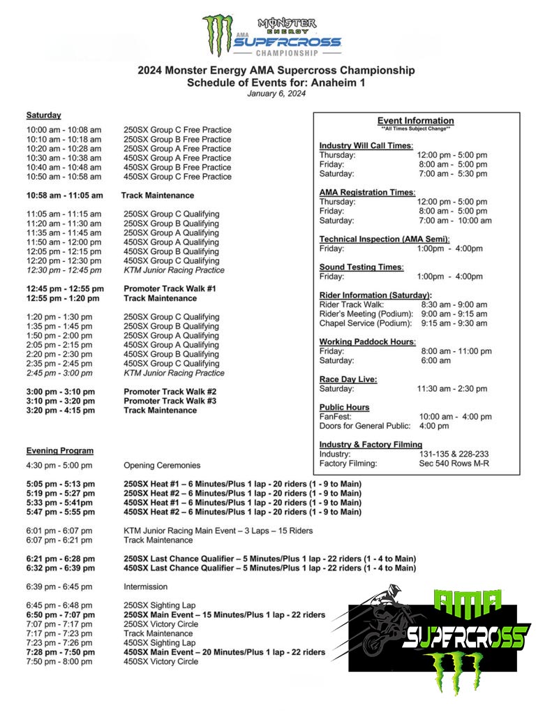 2024 Anaheim One Supercross Race Schedule