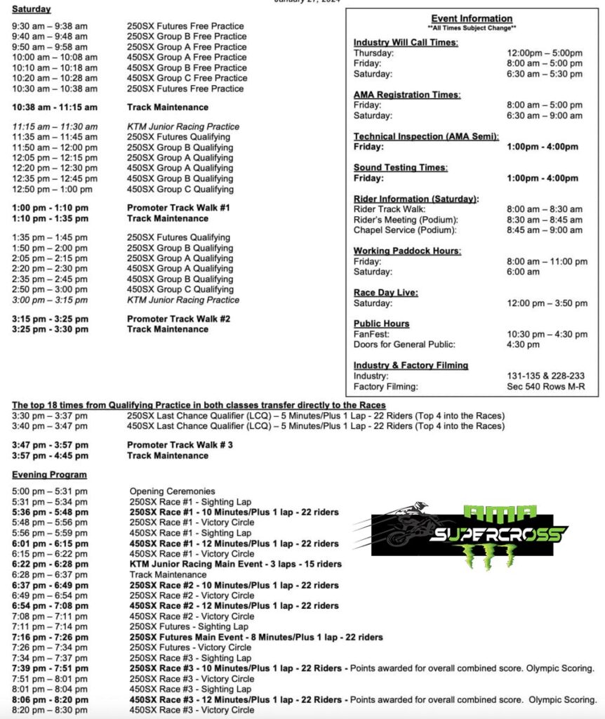 Anaheim 2 Supercross Race Day Schedule