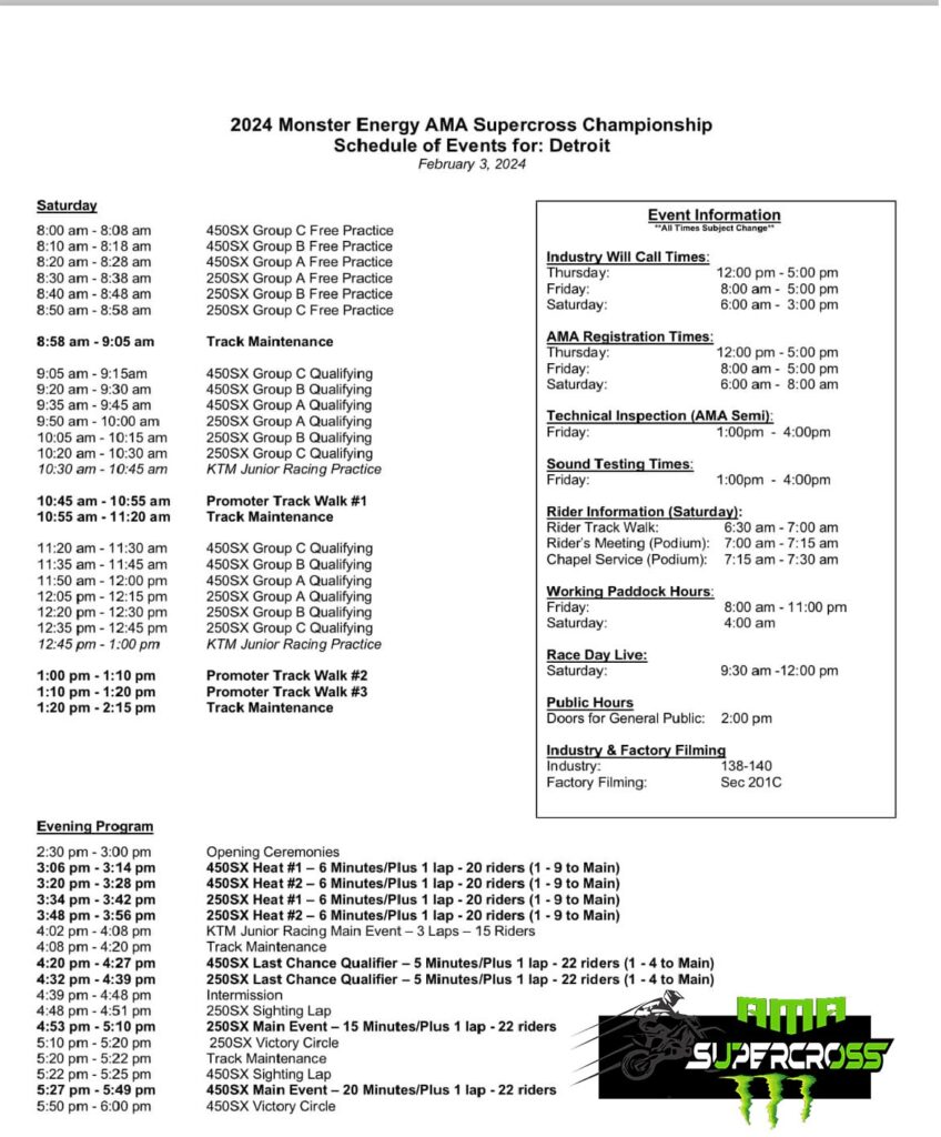 Detroit Supercross 2024 race day schedule 