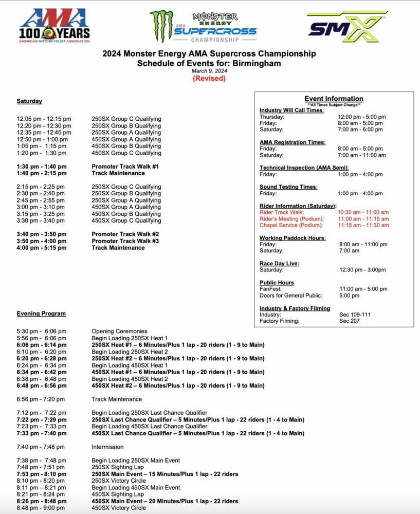 Birmingham Supercross 2024 Race Day Schedule