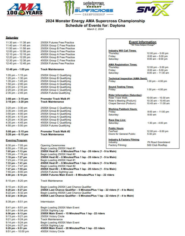 Daytona Supercross 2024 Race Day Schedule 640x818 