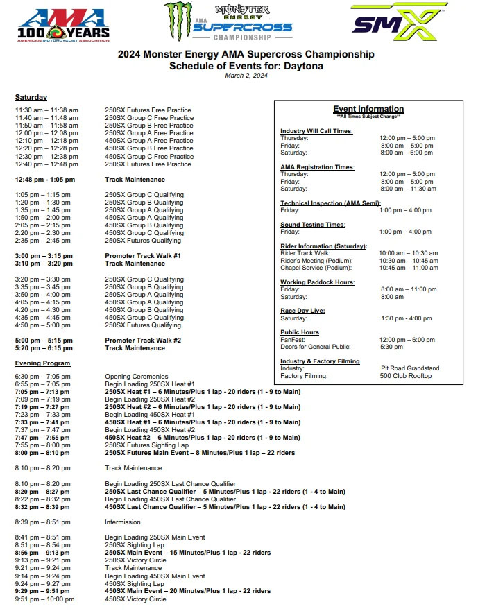 Daytona Supercross 2024 Race Day Schedule