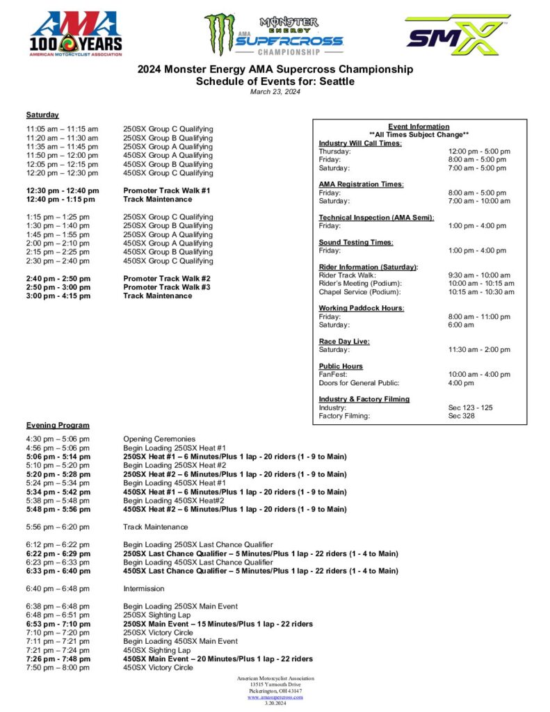 Seattle Supercross 2024 Race Day Schedule