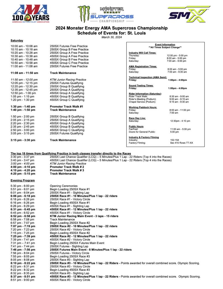 St. Louis Supercross 2024 Race Day Schedule
